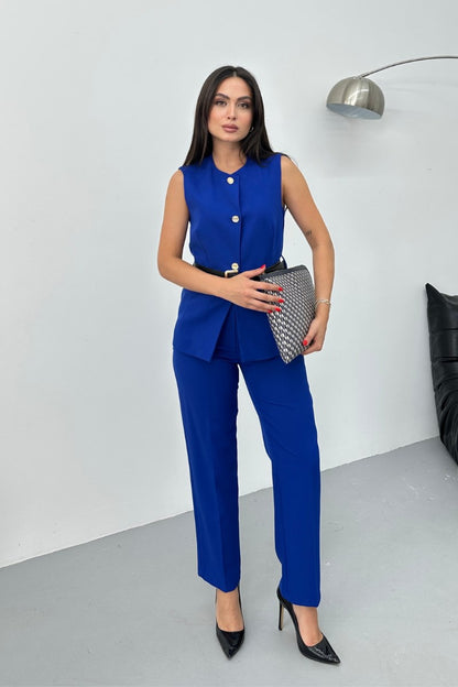 Kadın İkili Alt Üst Takım Şık Kemerli Düğme Detaylı Bisiklet Yaka Regular Yelek Pantolon Takım