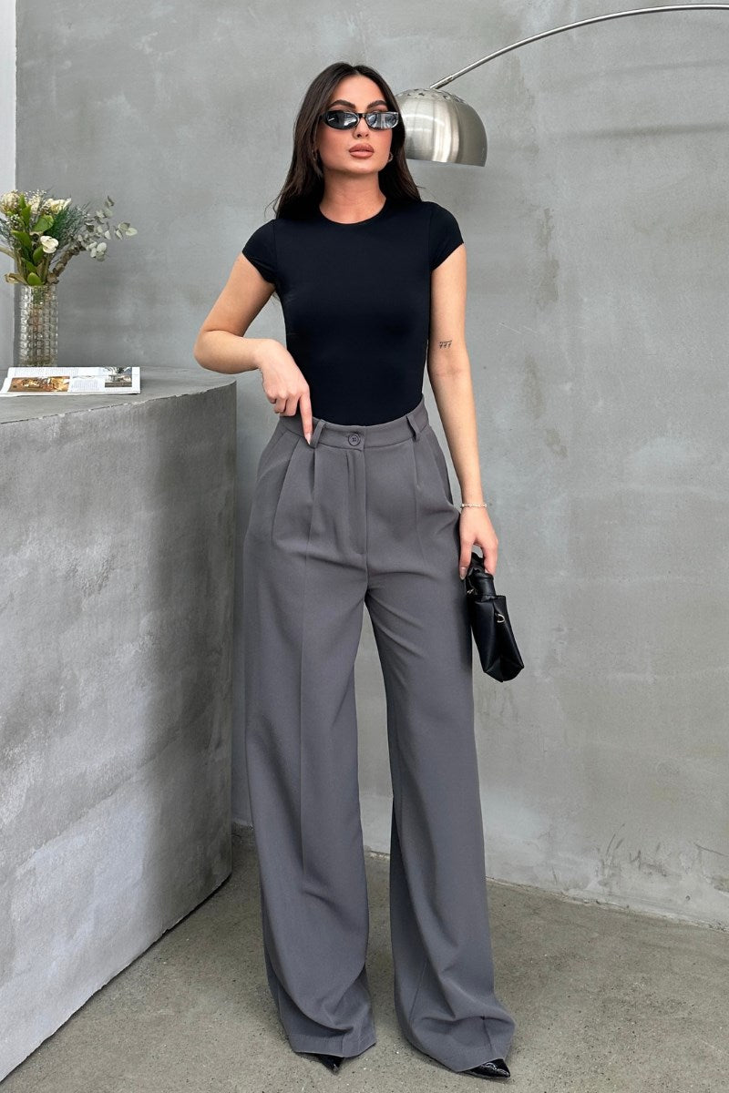 Kadın Palazzo Pantolon Düğmeli Çift Cepli Bol Paça Pantolon