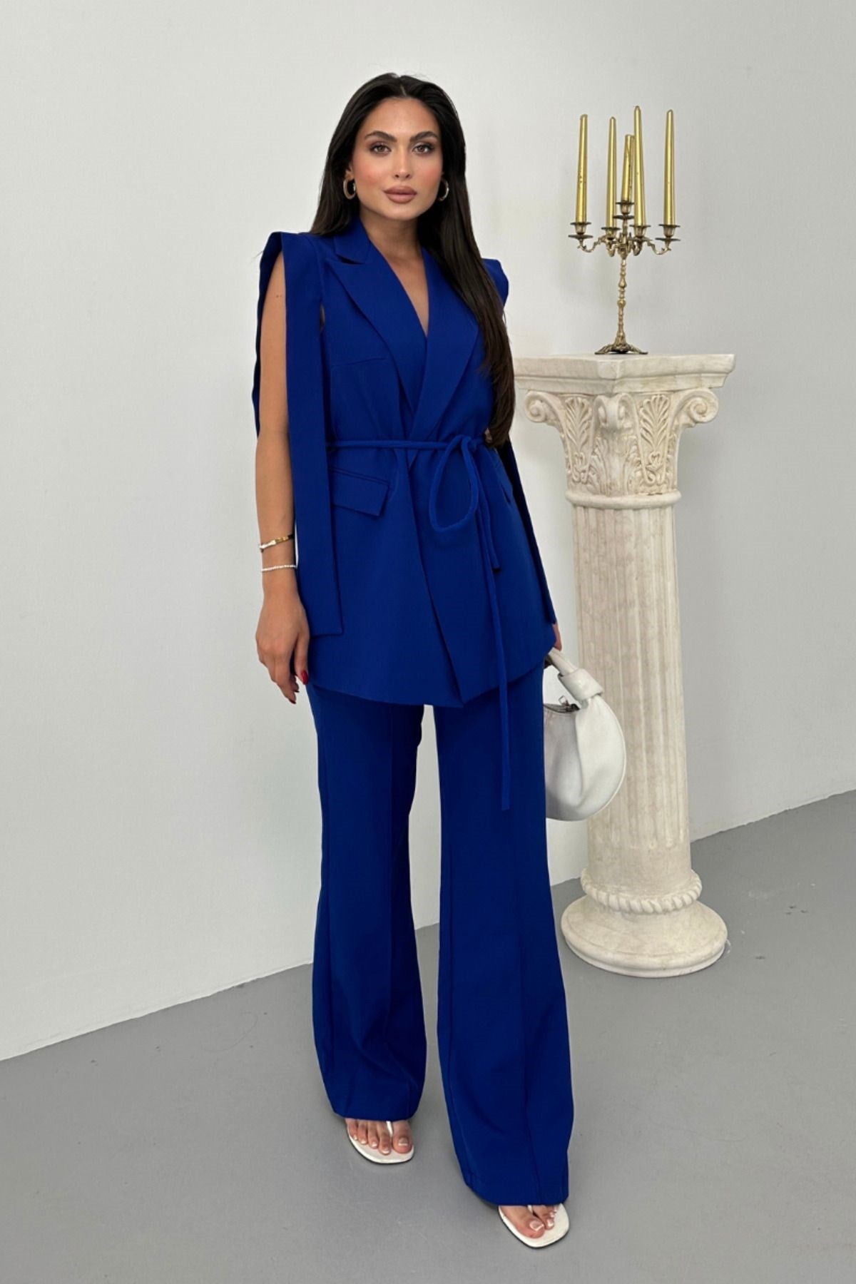 Kadın Alt Üst İkili Takım Omuz Detaylı Kuşaklı Yelek Pantolon Takım
