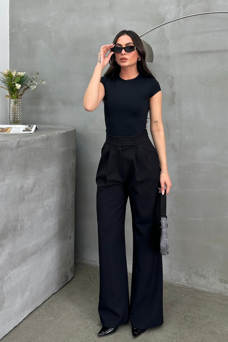 Kadın Palazzo Pantolon Beli Cırtlı Çift Cepli Bol Paça Pantolon