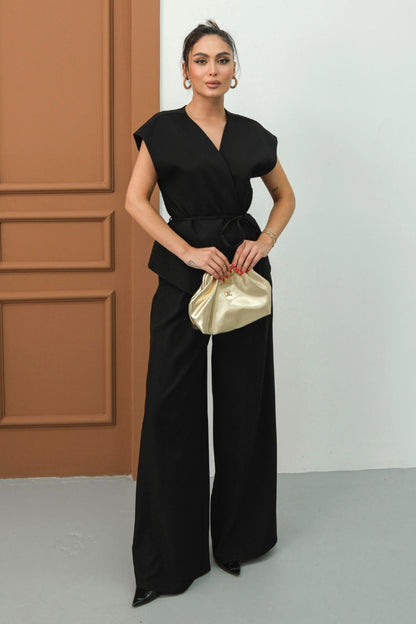 Kadın İkili Alt Üst Takım Bağcıklı Bol Kesim Dökümlü Yazlık Kısa Kollu Kimono Ceket Palazzo Pantolon Siyah Çok Renkli