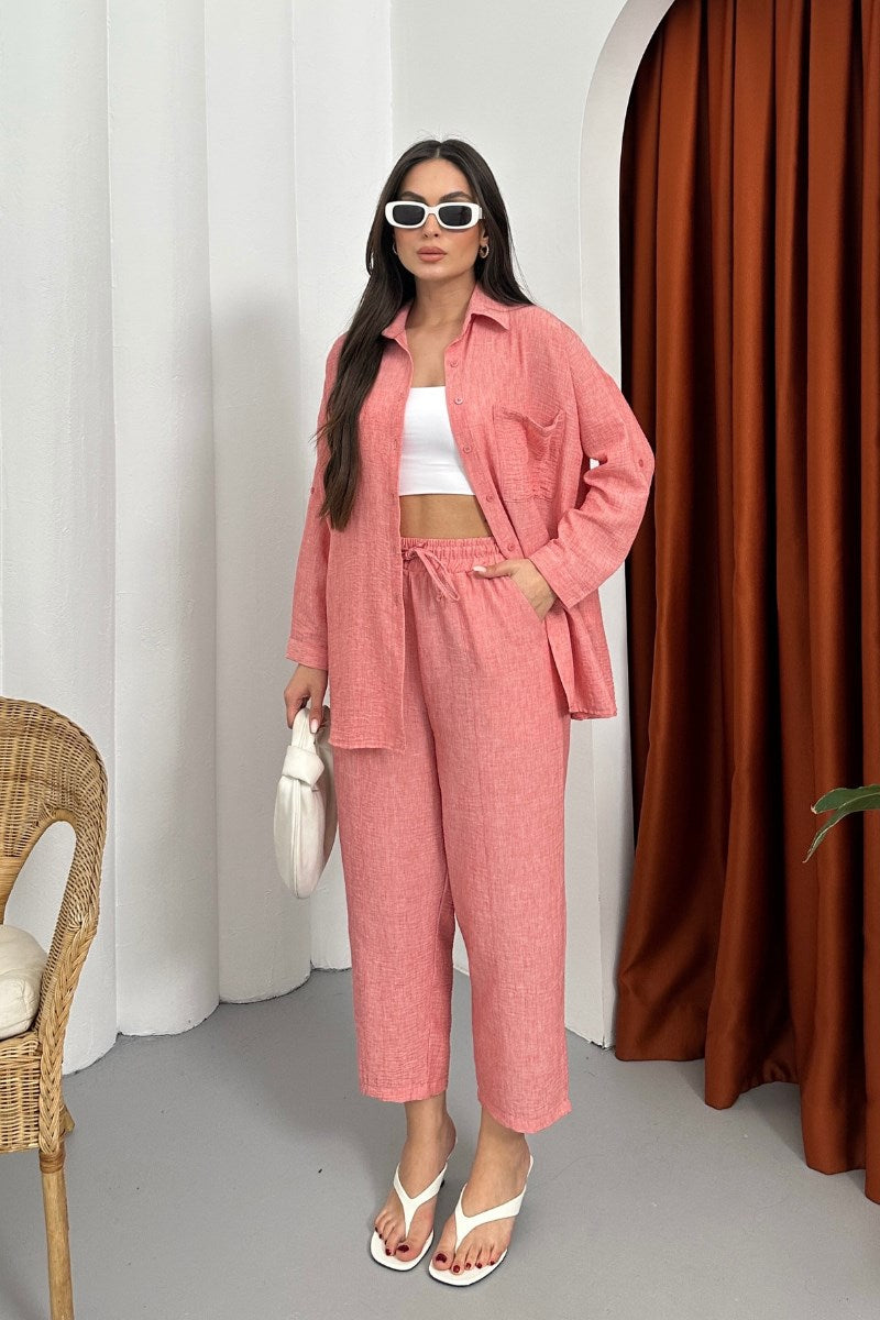 Kadın Alt Üst Takım Yazlık Keten Cep Detaylı Pantolon Gömlek İkili Takım Gri L