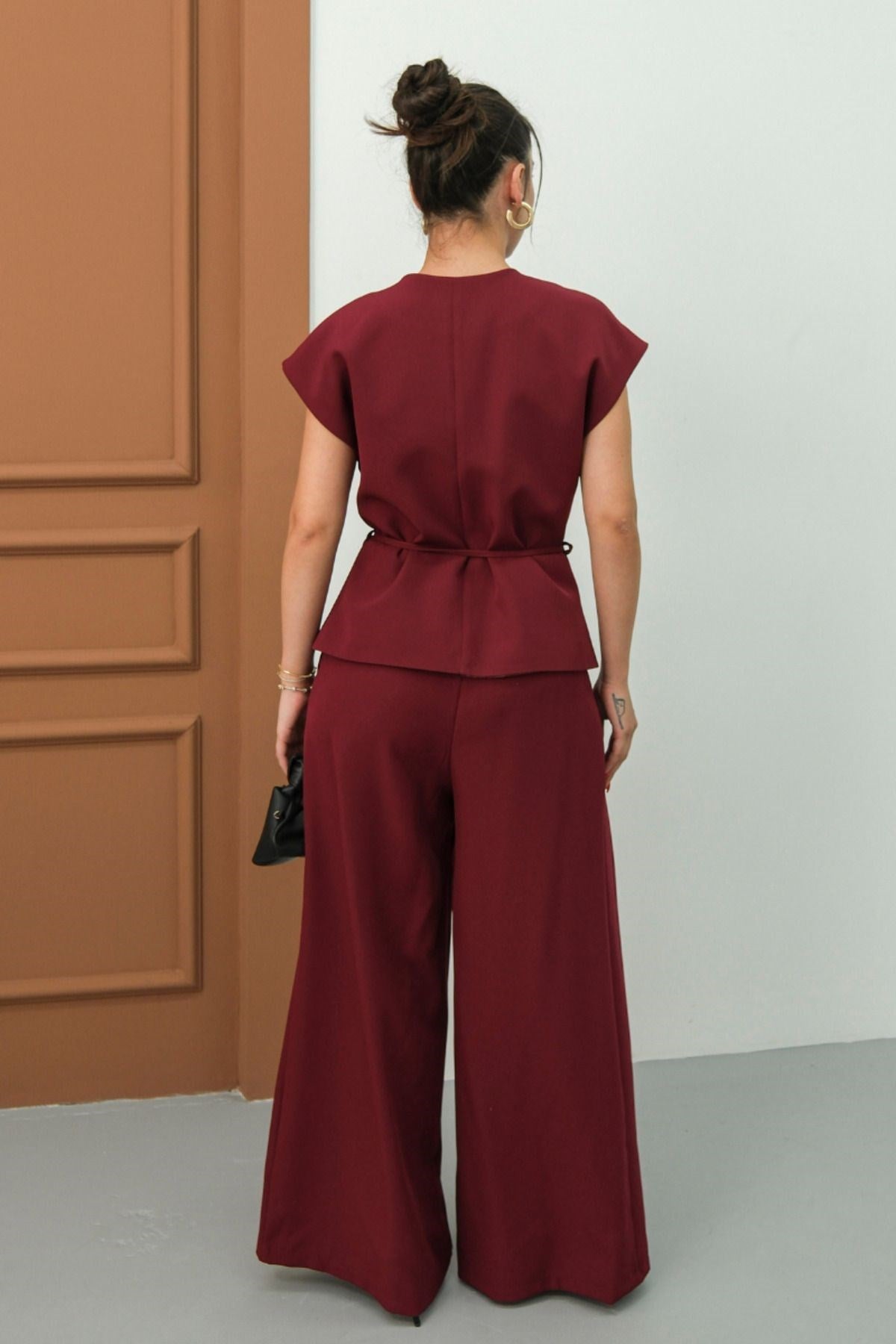 Kadın İkili Alt Üst Takım Bağcıklı Bol Kesim Dökümlü Yazlık Kısa Kollu Kimono Ceket Palazzo Pantolon BEBE MAVİSİ 36 Çok Renkli