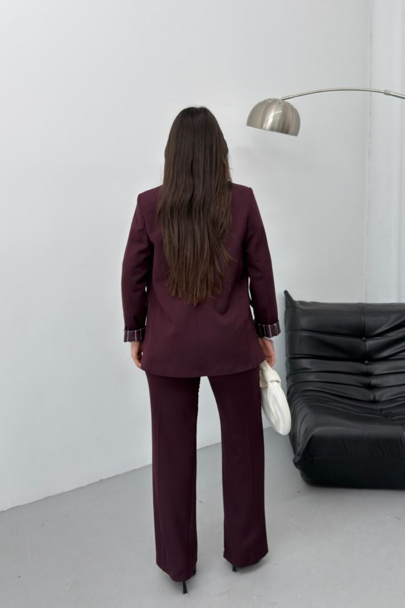 Kadın İkili Alt Üst Takım Kemerli Çizgili Astarlı Cep Detaylı Regular Blazer Ceket Pantolon Takım