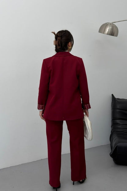 Kadın İkili Alt Üst Takım Kemerli Çizgili Astarlı Cep Detaylı Regular Blazer Ceket Pantolon Takım