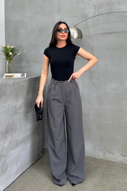 Kadın Palazzo Pantolon Düğmeli Çift Cepli Bol Paça Pantolon
