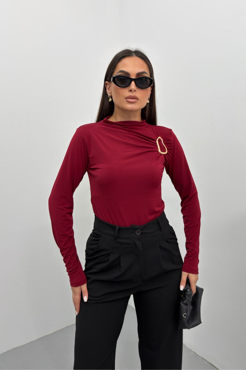 Kadın Bluz Gold Toka Detaylı Büzgülü Uzun Kollu Sandy Kumaş Likralı Şık Bluz