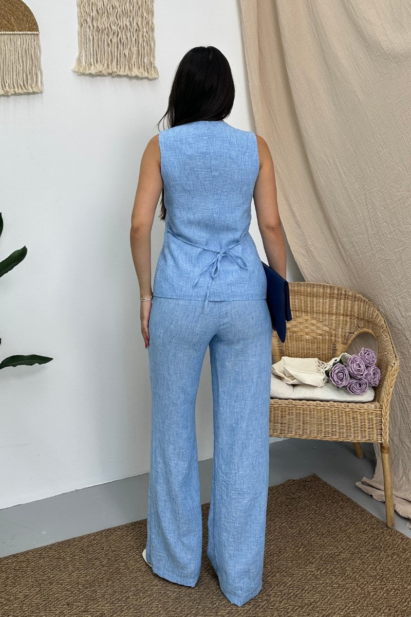 Kadın İkili Alt Üst Takım Keten Düğmeli Kare Yaka Beli Bağcıklı Regular Yelek Bol Pantolon Takım