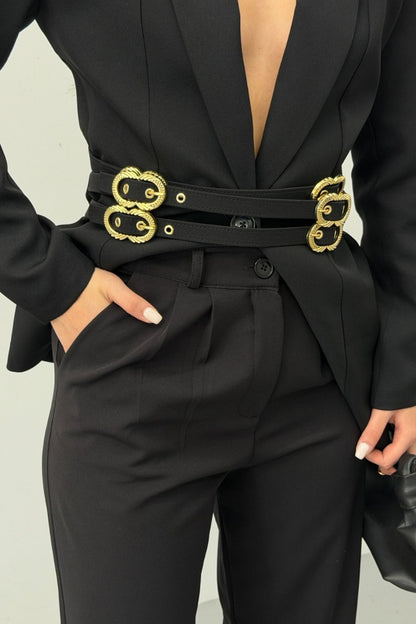 Kadın Siyah İkili Takım Şık Gold Kemerli Vatkalı Blazer Ceket Bol Paça Pantolon Takım