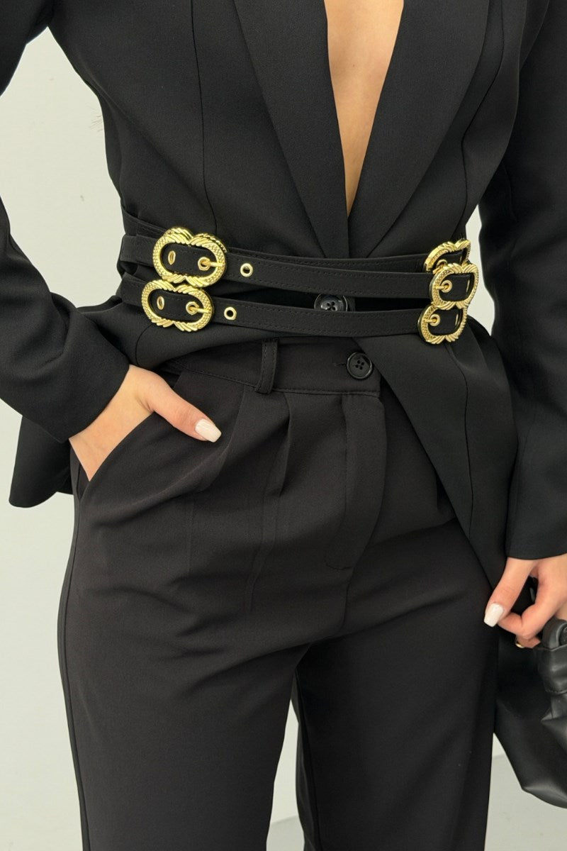 Kadın Siyah İkili Takım Şık Gold Kemerli Vatkalı Blazer Ceket Bol Paça Pantolon Takım