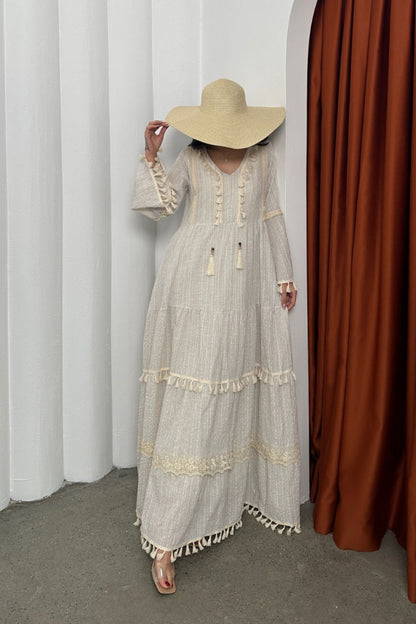 Kadın Elbise Uzun Şık Uzun Kollu Gofre V Yaka Püskül Detaylı Bol Kesim