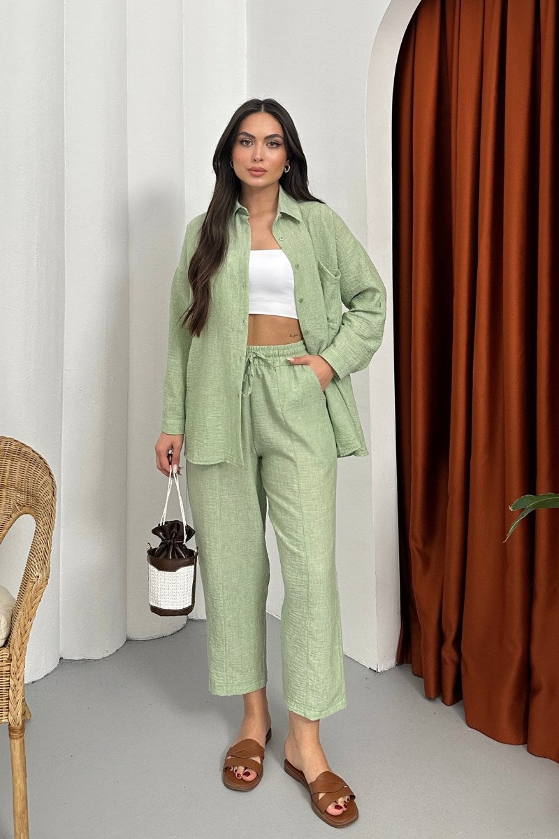 Kadın Alt Üst Takım Yazlık Keten Cep Detaylı Pantolon Gömlek İkili Takım Gri L