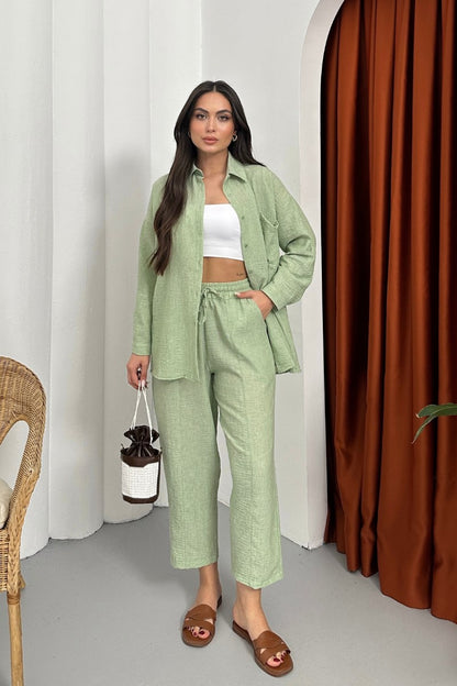 Kadın Alt Üst Takım Yazlık Keten Cep Detaylı Pantolon Gömlek İkili Takım Gri L