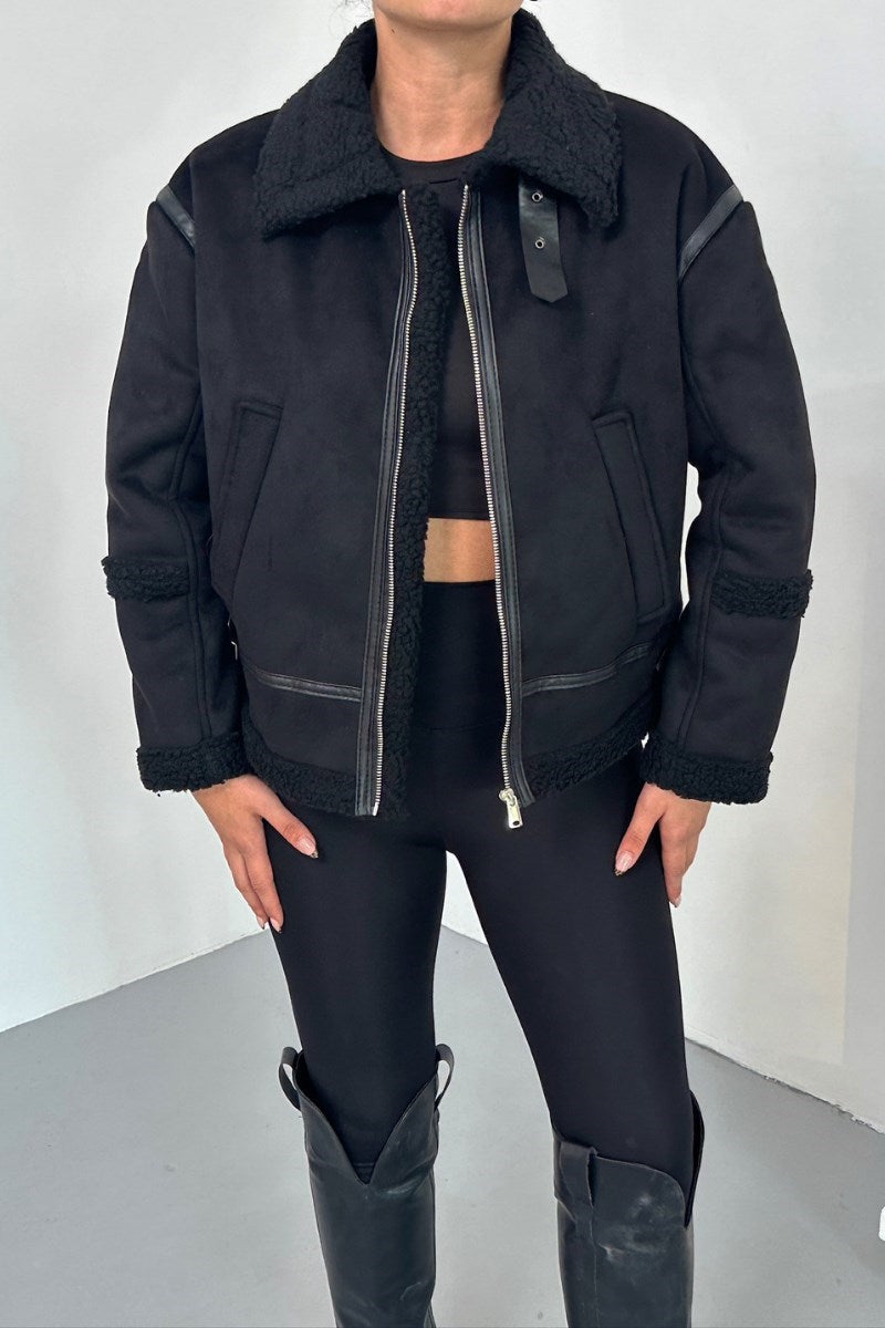 Kadın Süet Mont İçi Kürklü Fermuarlı Cepli Yaka ve Kol Detaylı Premium Regular Ceket