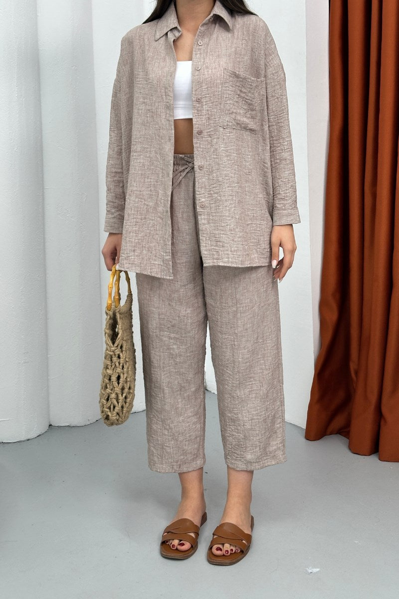 Kadın Alt Üst Takım Yazlık Keten Cep Detaylı Pantolon Gömlek İkili Takım