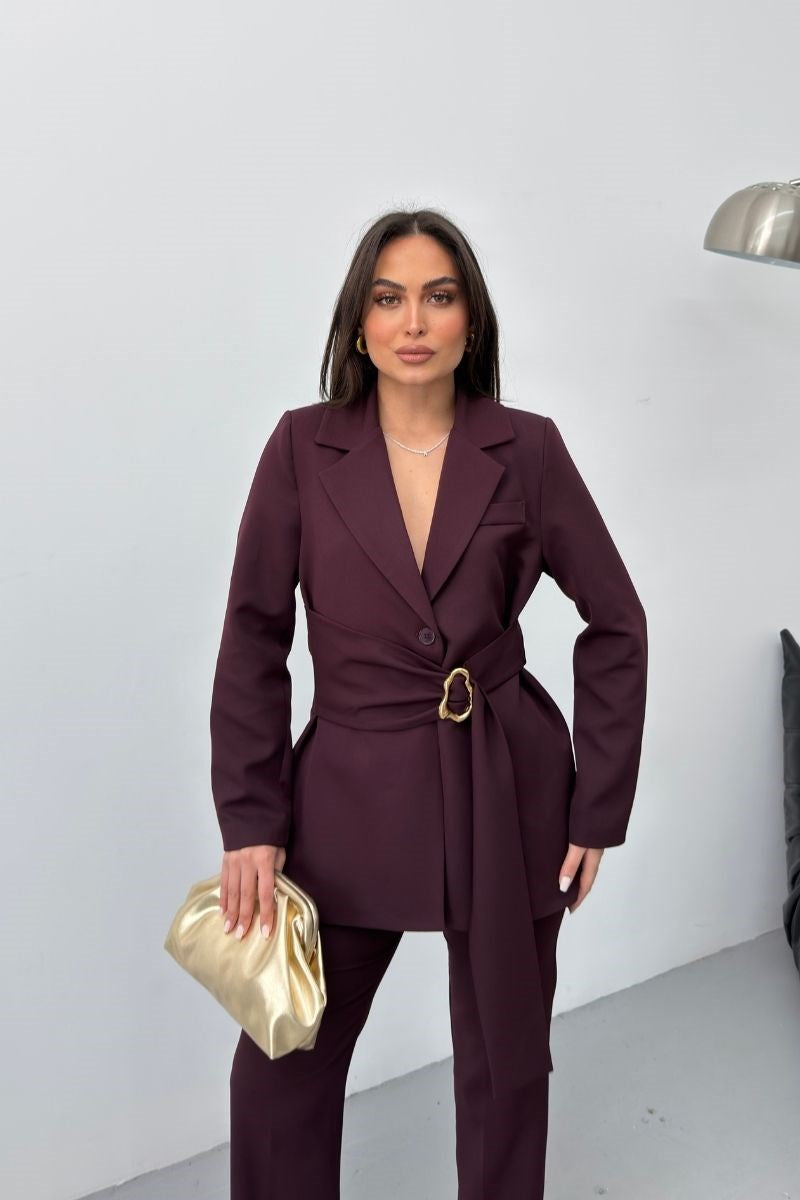 Kadın İkili Alt Üst Takım Şık Gold Tokalı Kuşaklı Blazer Ceket Bol Paça Pantolon Takım