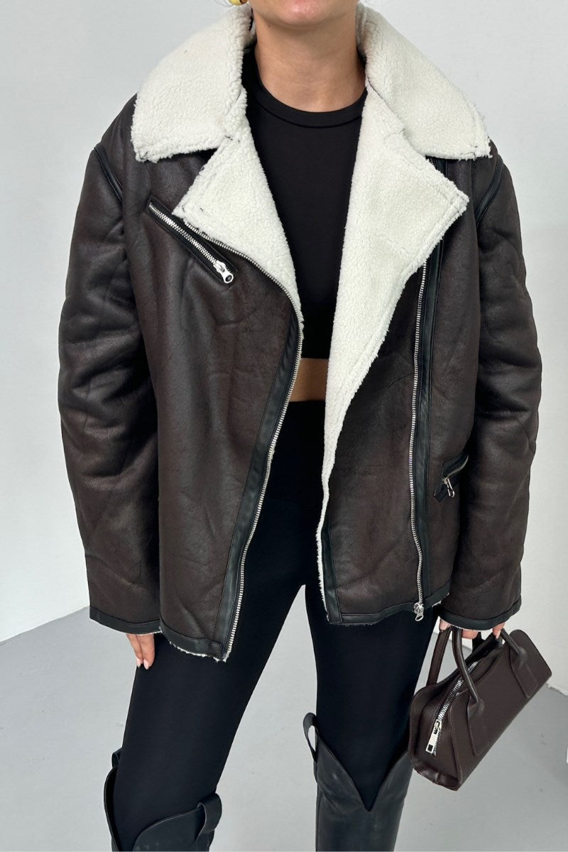 Kadın Mont İçi Kürklü Lamine Kruvaze Fermuarlı Cepli Oversize Ceket