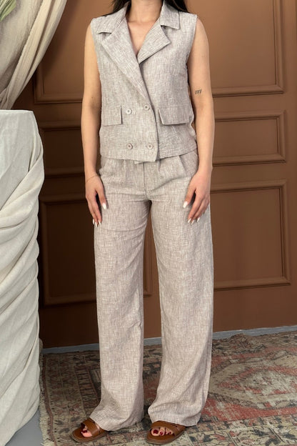 Kadın Alt Üst Takım Keten Düğme ve Cep Detaylı Kruvaze Yaka Yelek Bol Paça Pantolon Takım