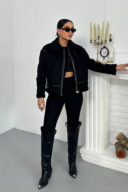 Kadın Süet Mont İçi Kürklü Fermuarlı Cepli Yaka ve Kol Detaylı Premium Regular Ceket