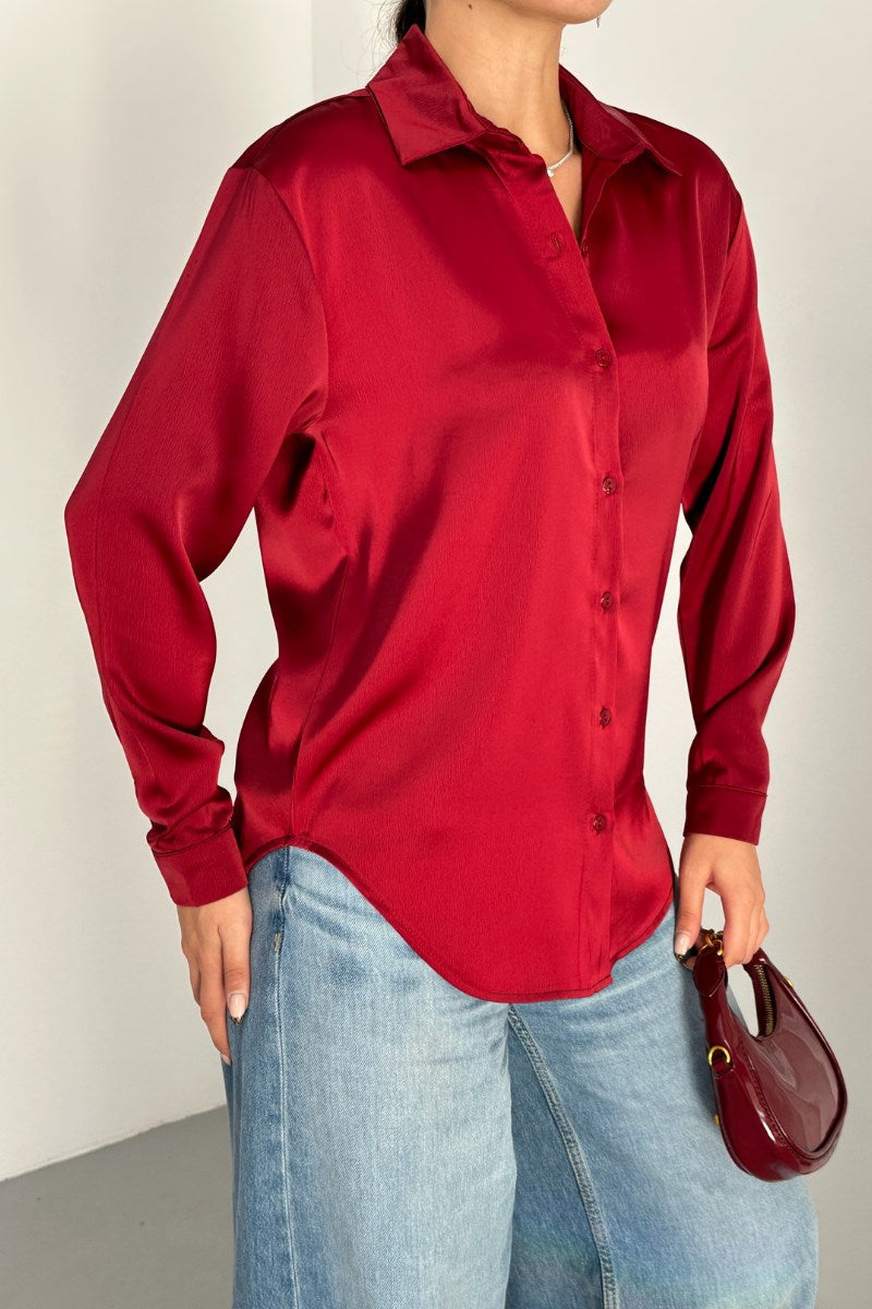 Kadın Gömlek Saten Uzun Kollu Düşük Omuz Düğmeli Şık Gömlek