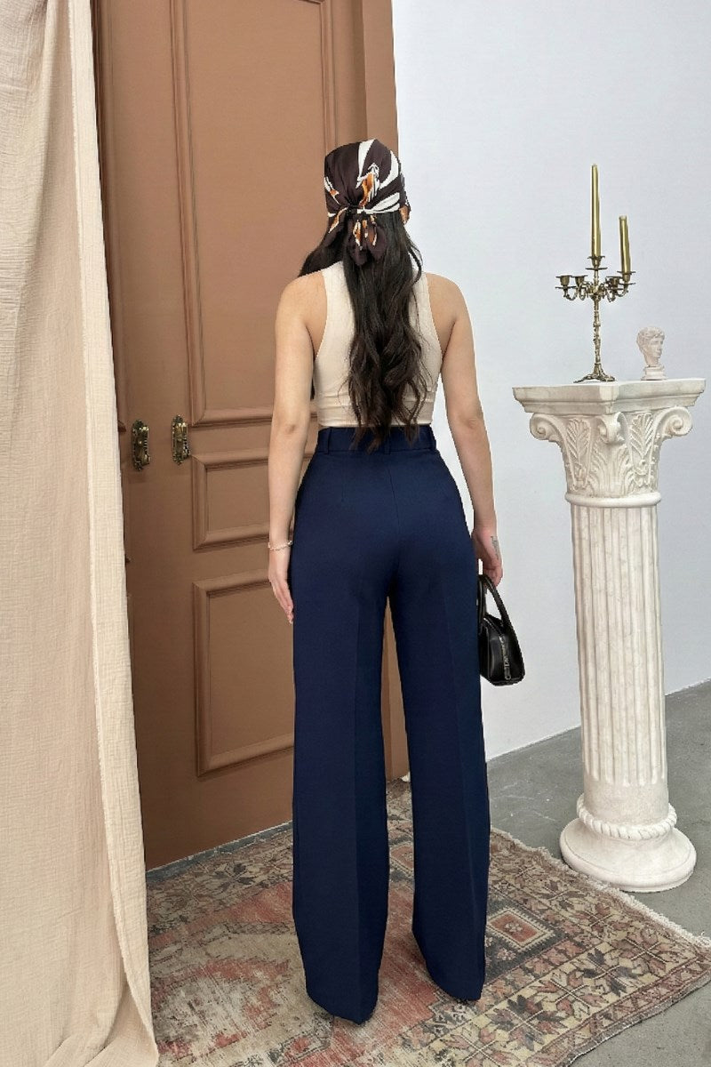 Kadın Palazzo Pantolon Beli Cırtlı Çift Cepli Bol Paça Pantolon