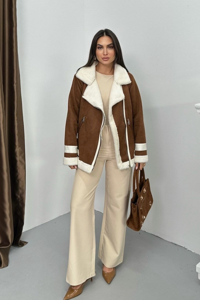 Kadın Süet Mont Oversize İçi Kürklü Fermuarlı Cepli Kol Detaylı Ceket Yaka Kışlık Kaban