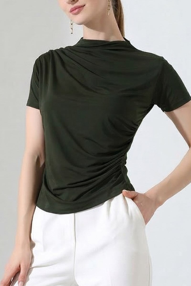 Kadın T-Shirt Kısa Kollu Drape Detaylı Yaka ve Beli Büzgülü Sandy Kumaş Likralı Bluz