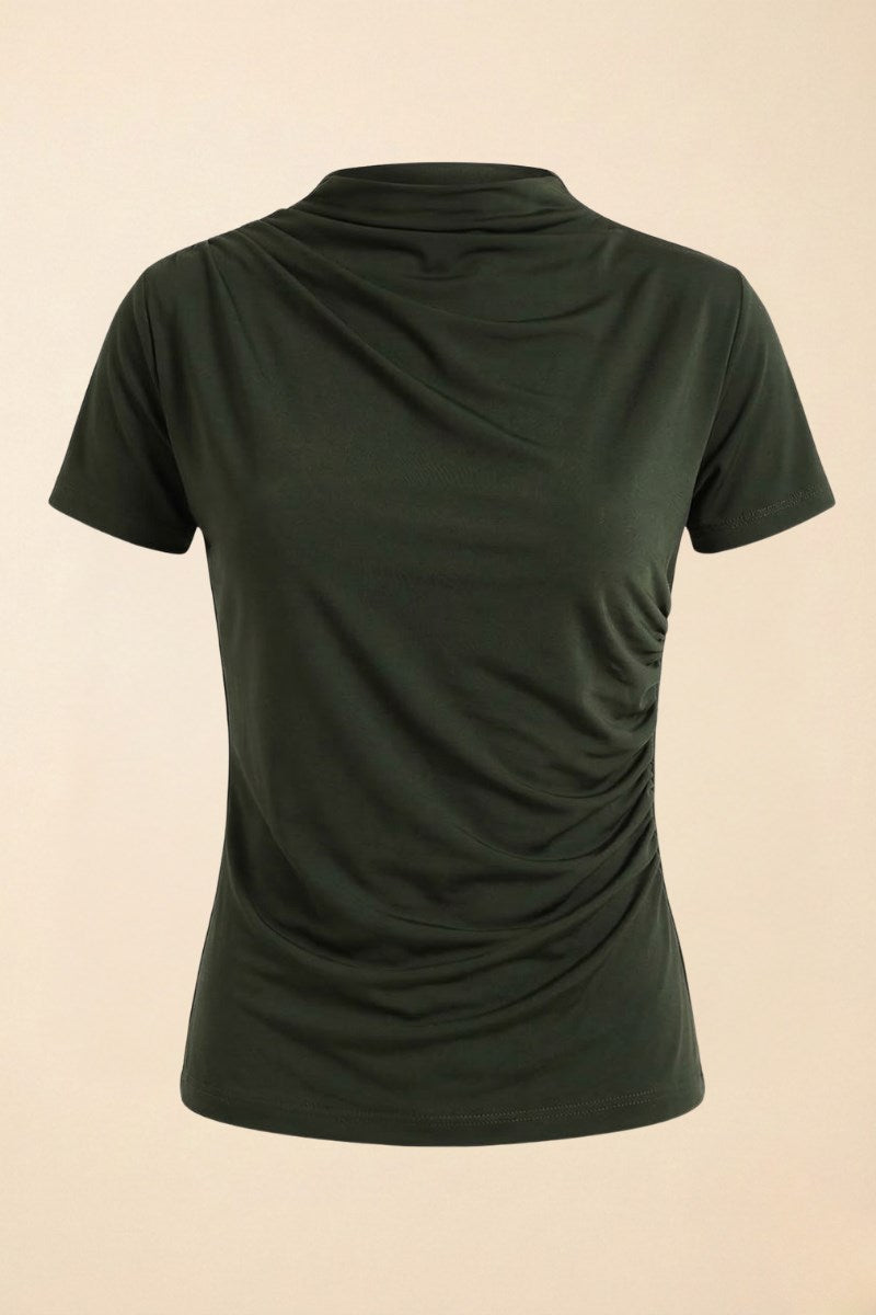 Kadın T-Shirt Kısa Kollu Drape Detaylı Yaka ve Beli Büzgülü Sandy Kumaş Likralı Bluz