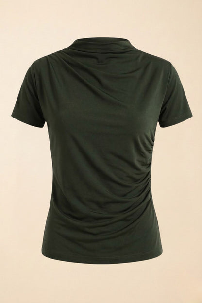Kadın T-Shirt Kısa Kollu Drape Detaylı Yaka ve Beli Büzgülü Sandy Kumaş Likralı Bluz