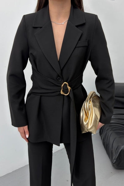 Kadın İkili Alt Üst Takım Şık Gold Tokalı Kuşaklı Blazer Ceket Bol Paça Pantolon Takım