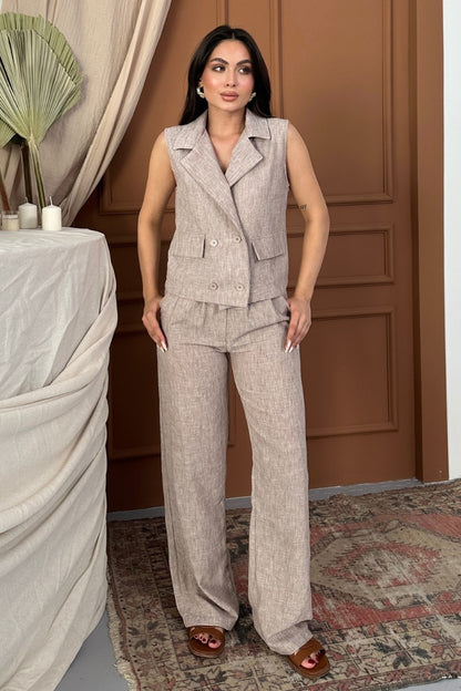 Kadın Alt Üst Takım Keten Düğme ve Cep Detaylı Kruvaze Yaka Yelek Bol Paça Pantolon Takım