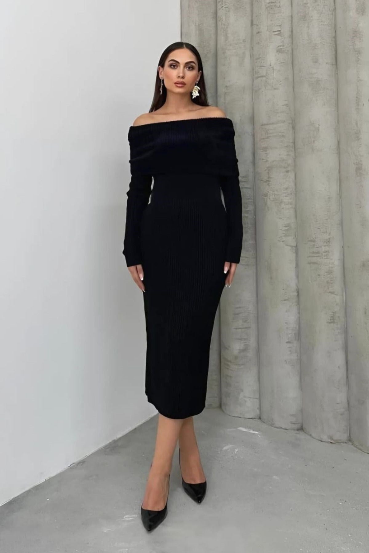 Kadın Elbise Uzun Triko Kışlık Madonna Yaka Likralı Kalem Elbise