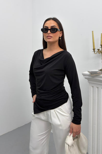 Kadın Bluz Drapeli Uzun Kollu Degaje Yaka Asimetrik Kesim Sandy Kumaş Likralı Şık Bluz