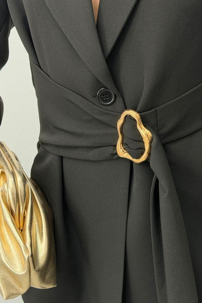 Kadın İkili Alt Üst Takım Şık Gold Tokalı Kuşaklı Blazer Ceket Bol Paça Pantolon Takım