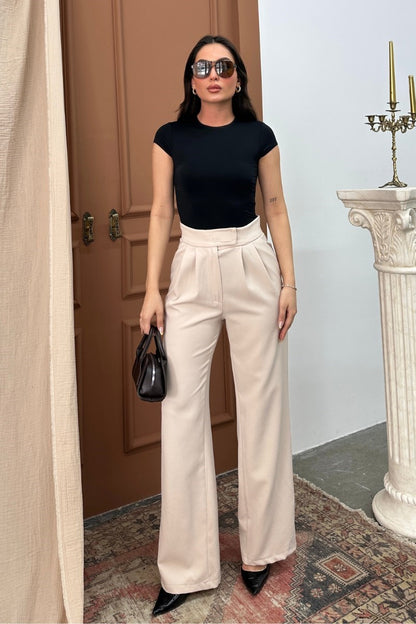 Kadın Palazzo Pantolon Beli Cırtlı Çift Cepli Bol Paça Pantolon