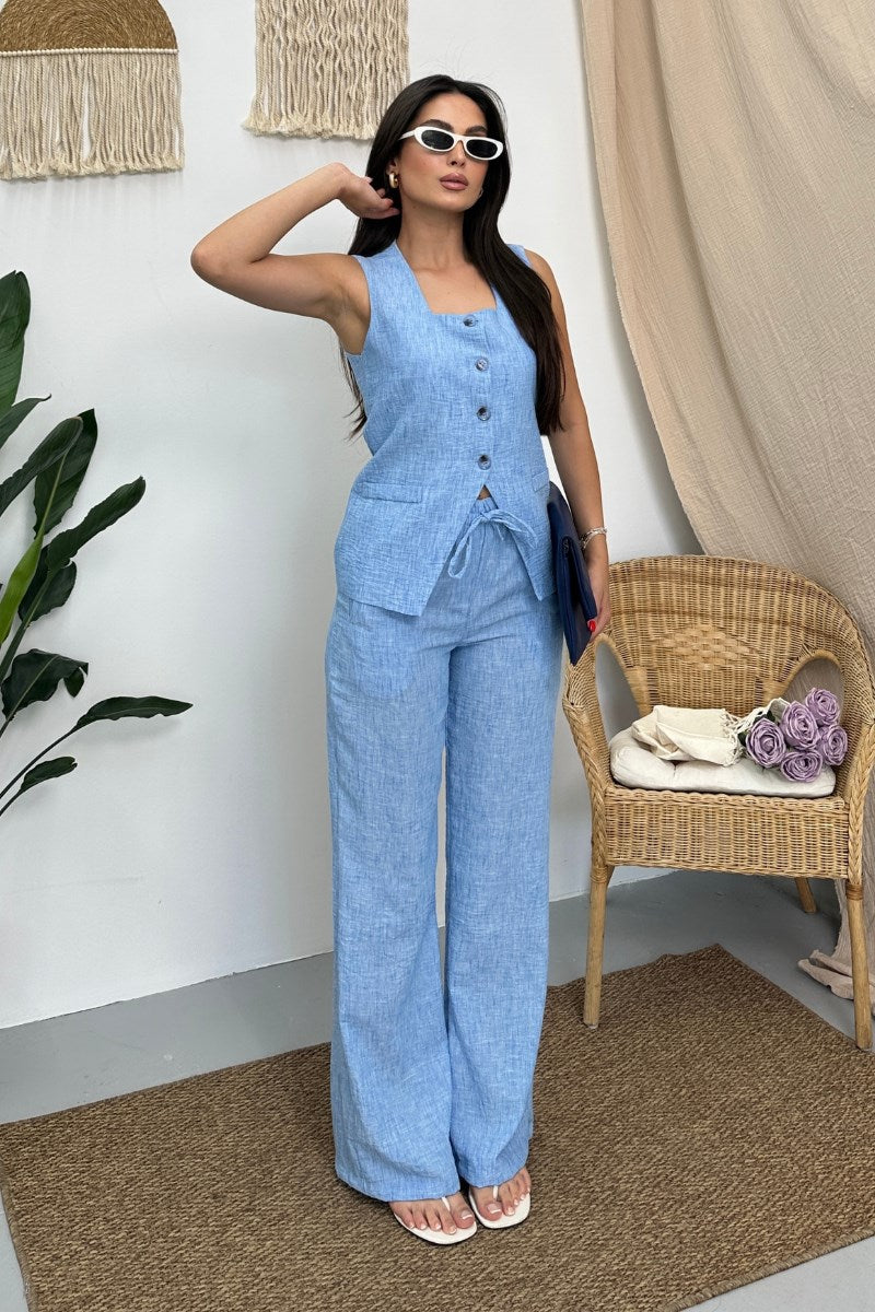 Kadın İkili Alt Üst Takım Keten Düğmeli Kare Yaka Beli Bağcıklı Regular Yelek Bol Pantolon Takım