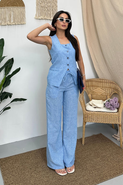 Kadın İkili Alt Üst Takım Keten Düğmeli Kare Yaka Beli Bağcıklı Regular Yelek Bol Pantolon Takım