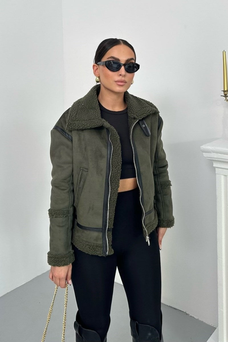 Kadın Süet Mont İçi Kürklü Fermuarlı Cepli Yaka ve Kol Detaylı Premium Regular Ceket