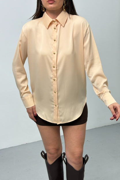 Kadın Gömlek Saten Şık Gold Düğmeli Uzun Kollu Düşük Omuz Gömlek