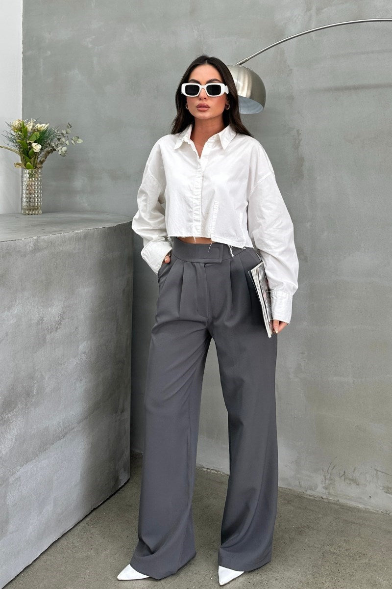 Kadın Palazzo Pantolon Beli Cırtlı Çift Cepli Bol Paça Pantolon