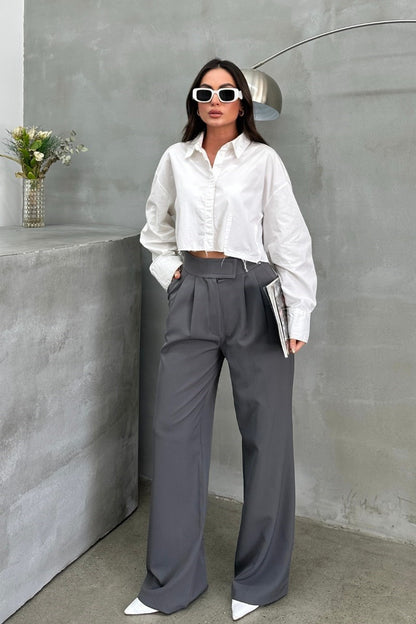 Kadın Palazzo Pantolon Beli Cırtlı Çift Cepli Bol Paça Pantolon