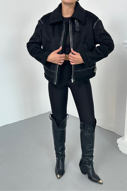 Kadın Süet Mont İçi Kürklü Fermuarlı Cepli Yaka ve Kol Detaylı Premium Regular Ceket