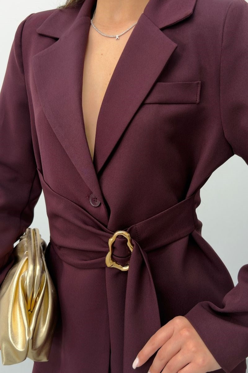 Kadın İkili Alt Üst Takım Şık Gold Tokalı Kuşaklı Blazer Ceket Bol Paça Pantolon Takım