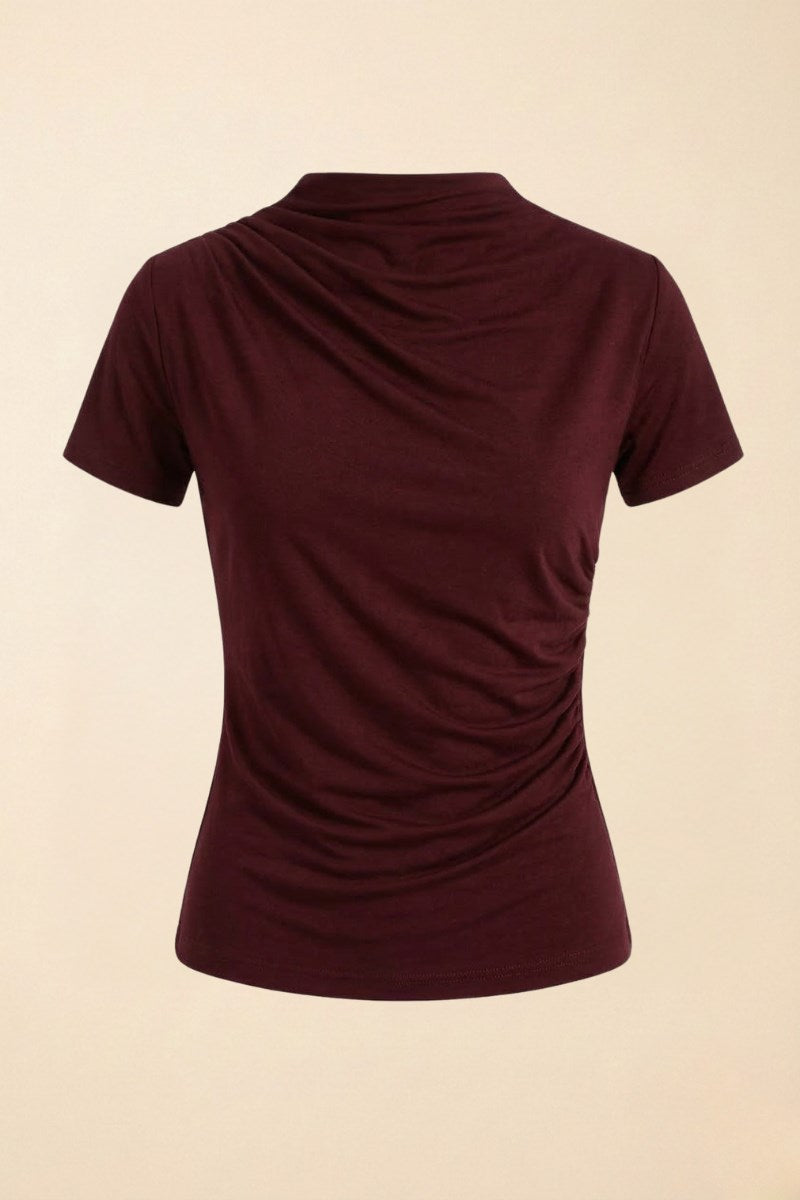 Kadın T-Shirt Kısa Kollu Drape Detaylı Yaka ve Beli Büzgülü Sandy Kumaş Likralı Bluz