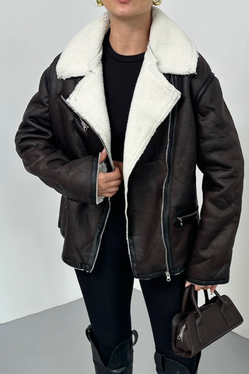 Kadın Mont İçi Kürklü Lamine Kruvaze Fermuarlı Cepli Oversize Ceket