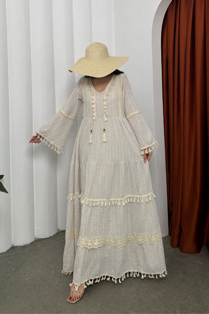 Kadın Elbise Uzun Şık Uzun Kollu Gofre V Yaka Püskül Detaylı Bol Kesim