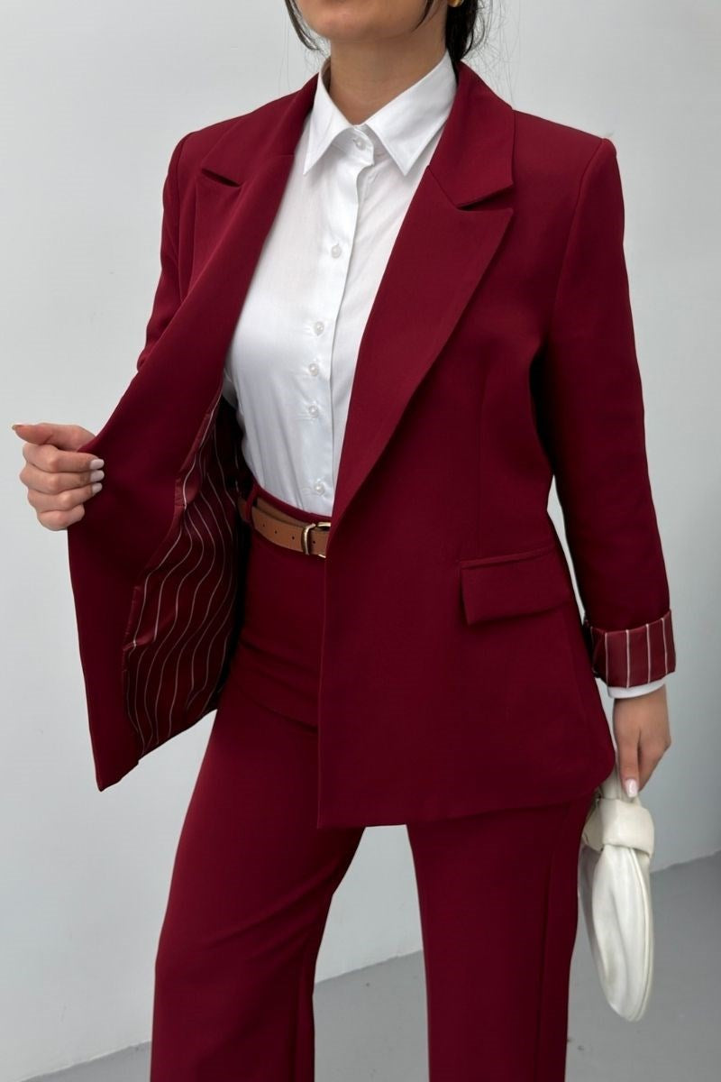 Kadın İkili Alt Üst Takım Kemerli Çizgili Astarlı Cep Detaylı Regular Blazer Ceket Pantolon Takım