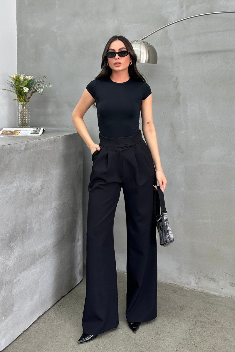 Kadın Palazzo Pantolon Beli Cırtlı Çift Cepli Bol Paça Pantolon