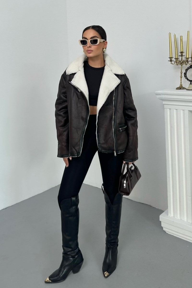 Kadın Mont İçi Kürklü Lamine Kruvaze Fermuarlı Cepli Oversize Ceket