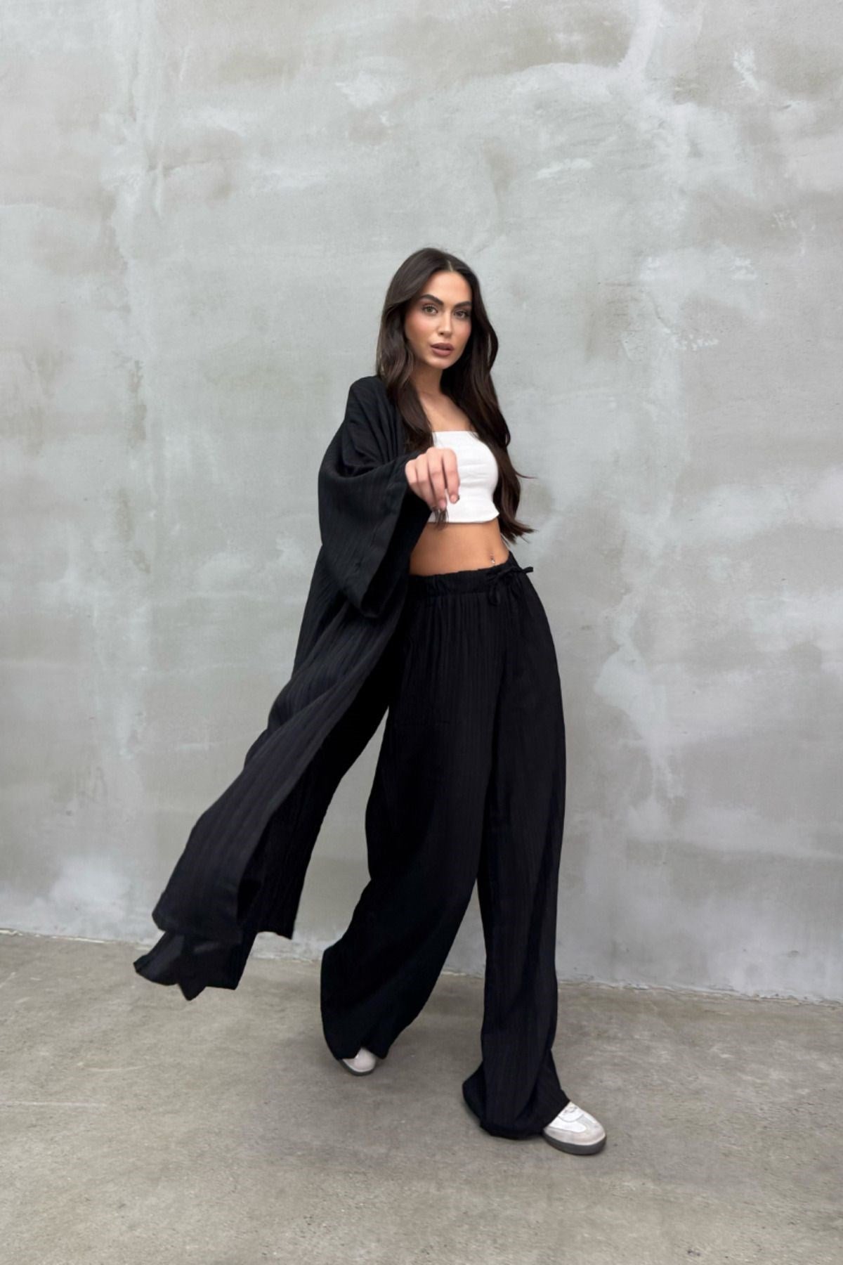 Kadın Yırtmaçlı Gofre Ikili Kimono Takım